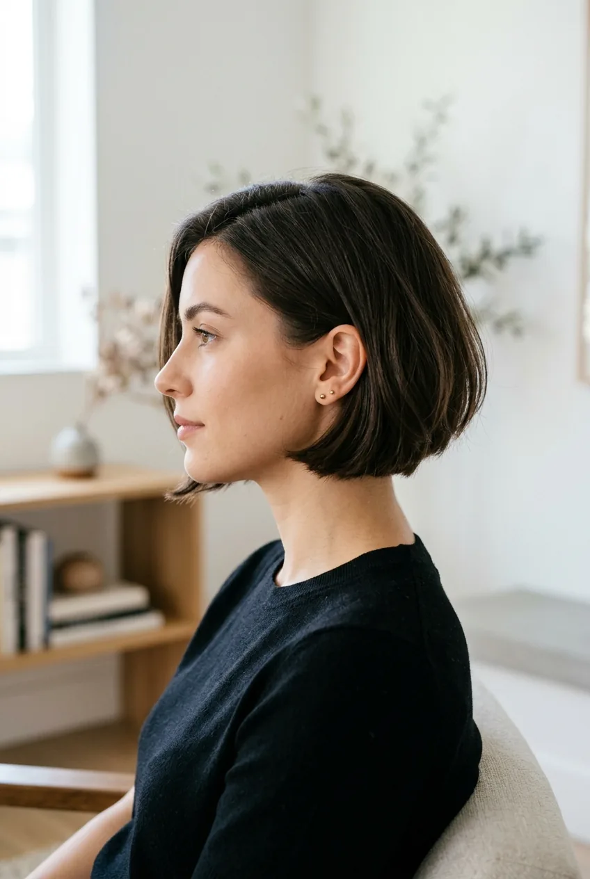 Side profile showing completed French bob with subtle forward angle at jawline length