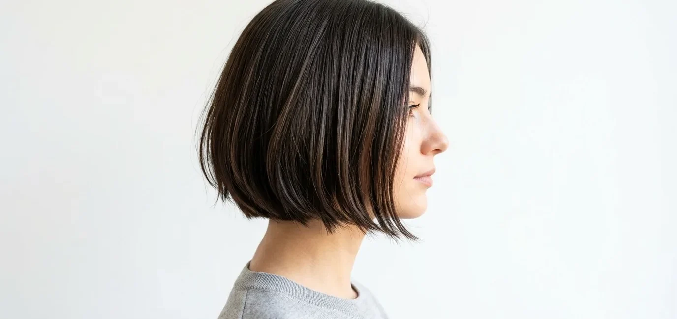 Woman with chin-length French bob hairstyle shown in side profile with natural lighting