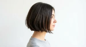 Woman with chin-length French bob hairstyle shown in side profile with natural lighting