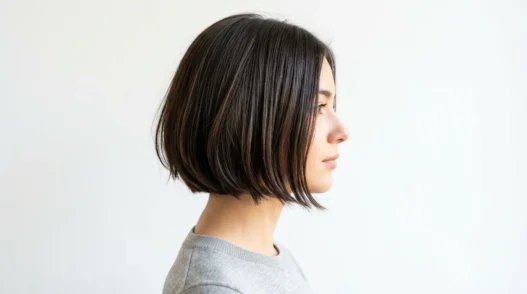 Woman with chin-length French bob hairstyle shown in side profile with natural lighting