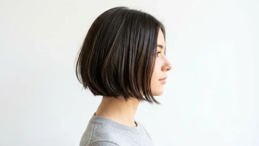 Woman with chin-length French bob hairstyle shown in side profile with natural lighting