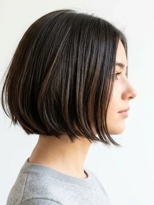 Woman with chin-length French bob hairstyle shown in side profile with natural lighting