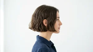 Woman with chin-length French bob showing natural texture and perfect cut in profile view