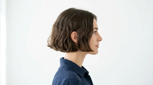 Woman with chin-length French bob showing natural texture and perfect cut in profile view