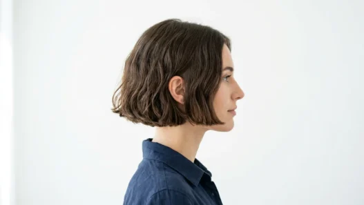 Woman with chin-length French bob showing natural texture and perfect cut in profile view