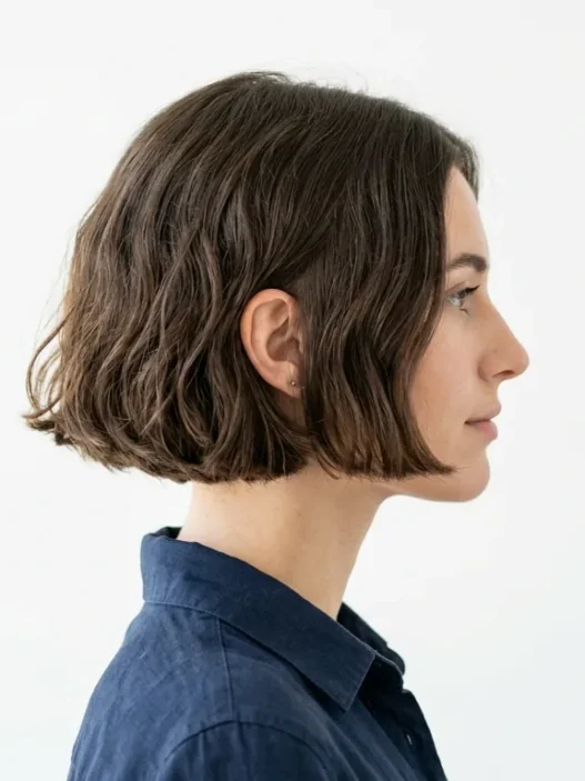 Woman with chin-length French bob showing natural texture and perfect cut in profile view