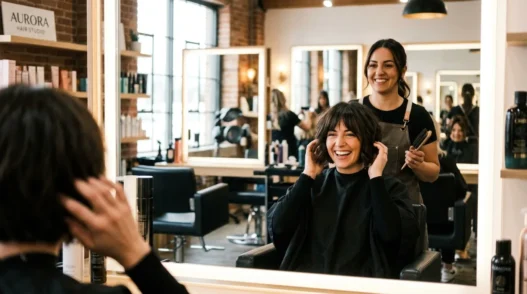 Woman with fresh French bob cut admiring her reflection in salon mirror with stylist behind her