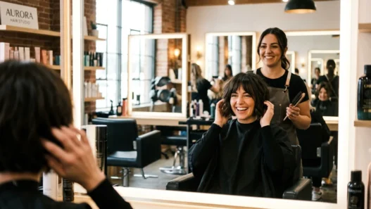Woman with fresh French bob cut admiring her reflection in salon mirror with stylist behind her