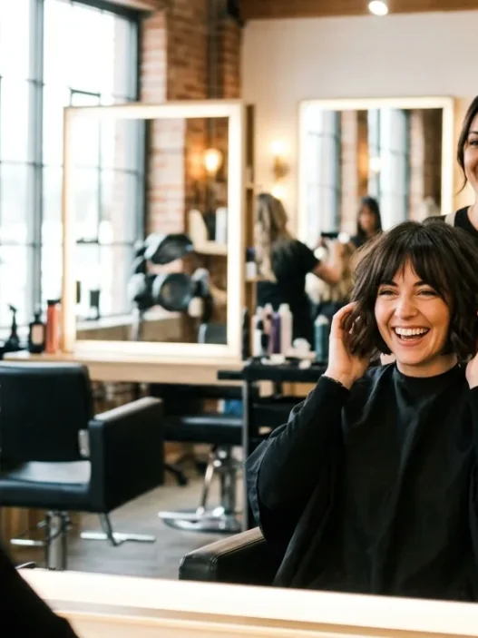 Woman with fresh French bob cut admiring her reflection in salon mirror with stylist behind her