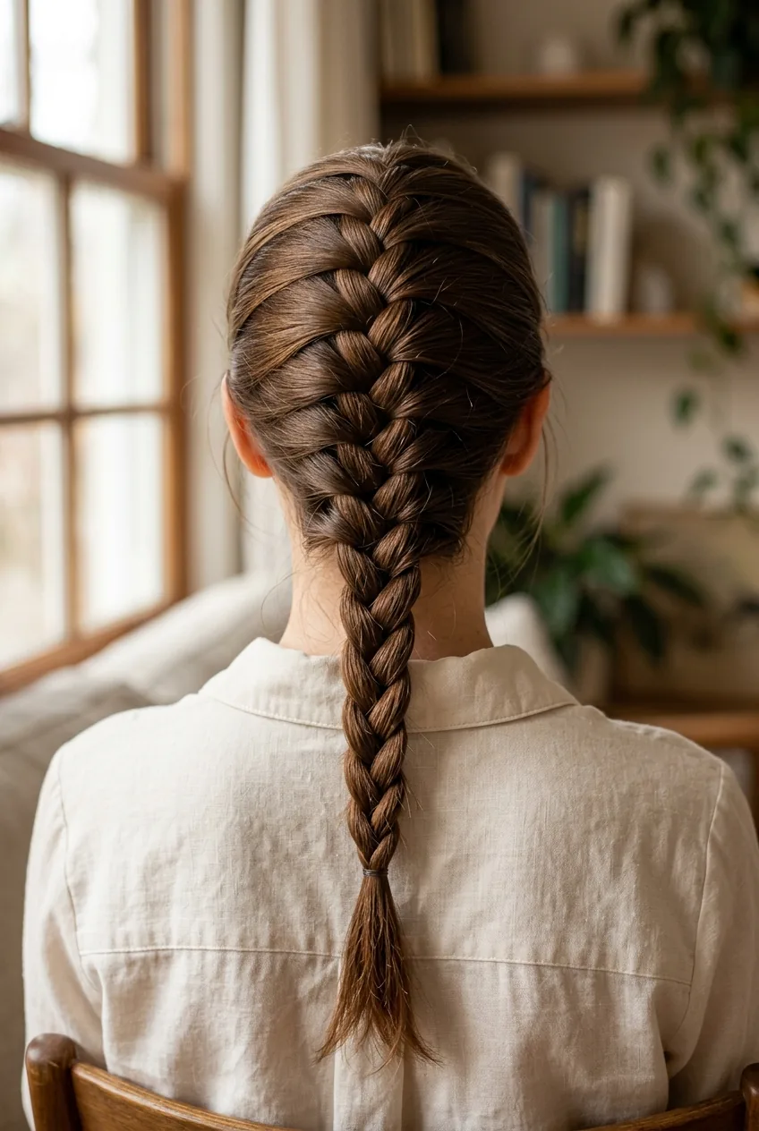 Back view of woman with chestnut brown hair in classic French braid from crown to nape