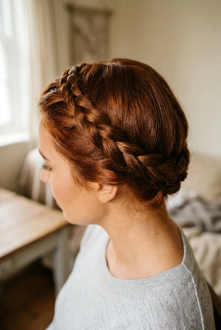 Auburn hair styled in French braid crown wrapping around hairline like decorative headband