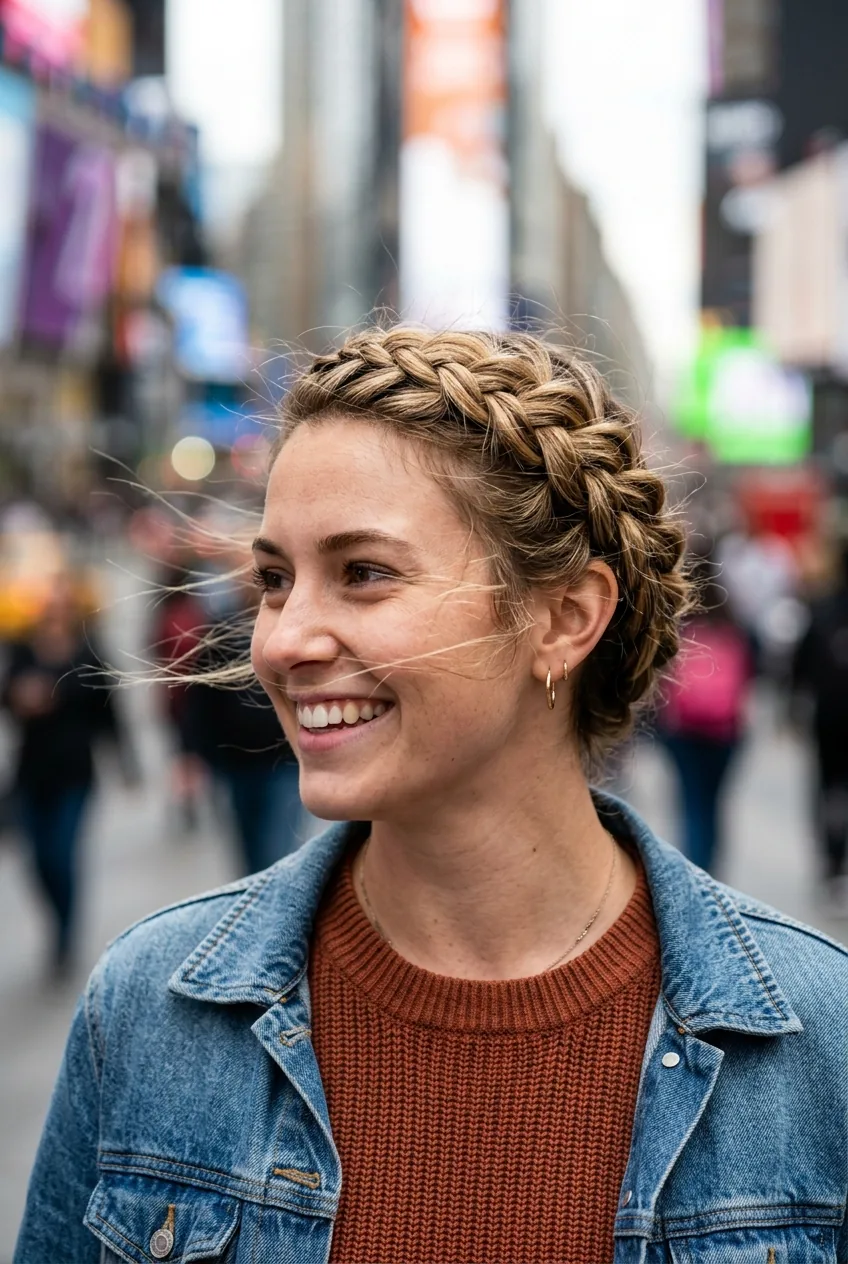 Young woman with intricate French braid crown circling entire head like hair jewelry