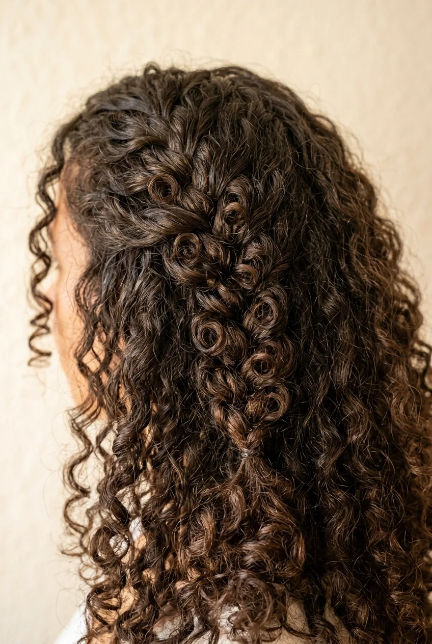 Woman with French braid in natural 3B curls showing curl pattern within the braid