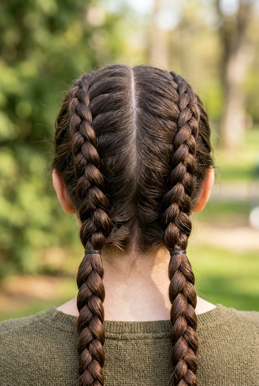 Brunette woman with french braid pigtails showing gradual hair incorporation from temples down