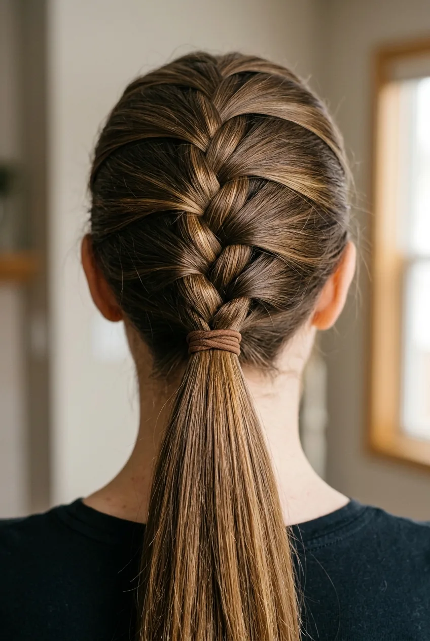 Medium brown hair in French braid ponytail showing hybrid styling technique transition point