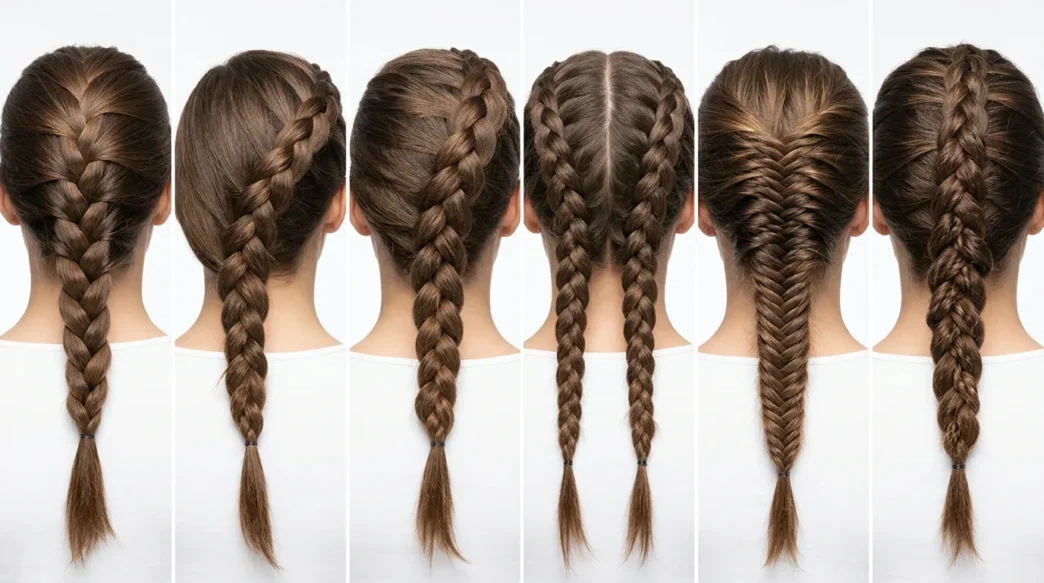 Multiple French braid hairstyles showing technique progression from beginner to advanced levels