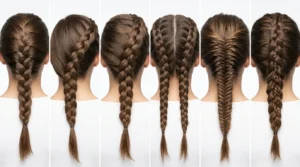 Multiple French braid hairstyles showing technique progression from beginner to advanced levels