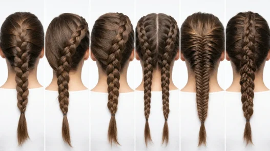 Multiple French braid hairstyles showing technique progression from beginner to advanced levels