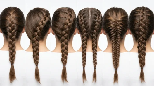 Multiple French braid hairstyles showing technique progression from beginner to advanced levels