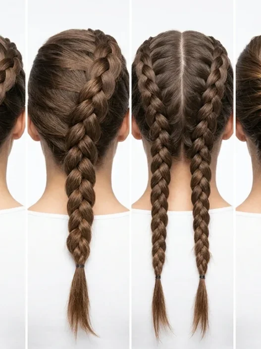 Multiple French braid hairstyles showing technique progression from beginner to advanced levels