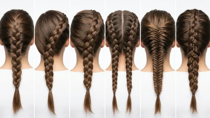 Multiple French braid hairstyles showing technique progression from beginner to advanced levels