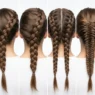 Multiple French braid hairstyles showing technique progression from beginner to advanced levels