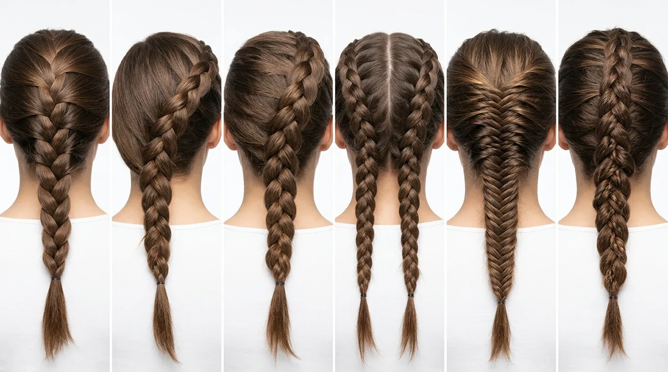 Multiple French braid hairstyles showing technique progression from beginner to advanced levels