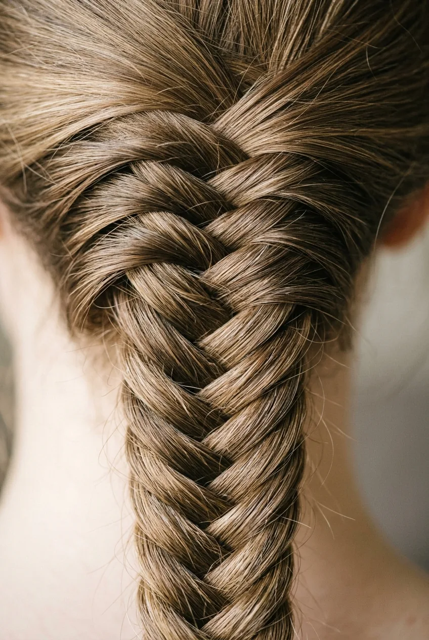Close-up of French fishtail braid displaying intricate small-section weaving and crossing pattern
