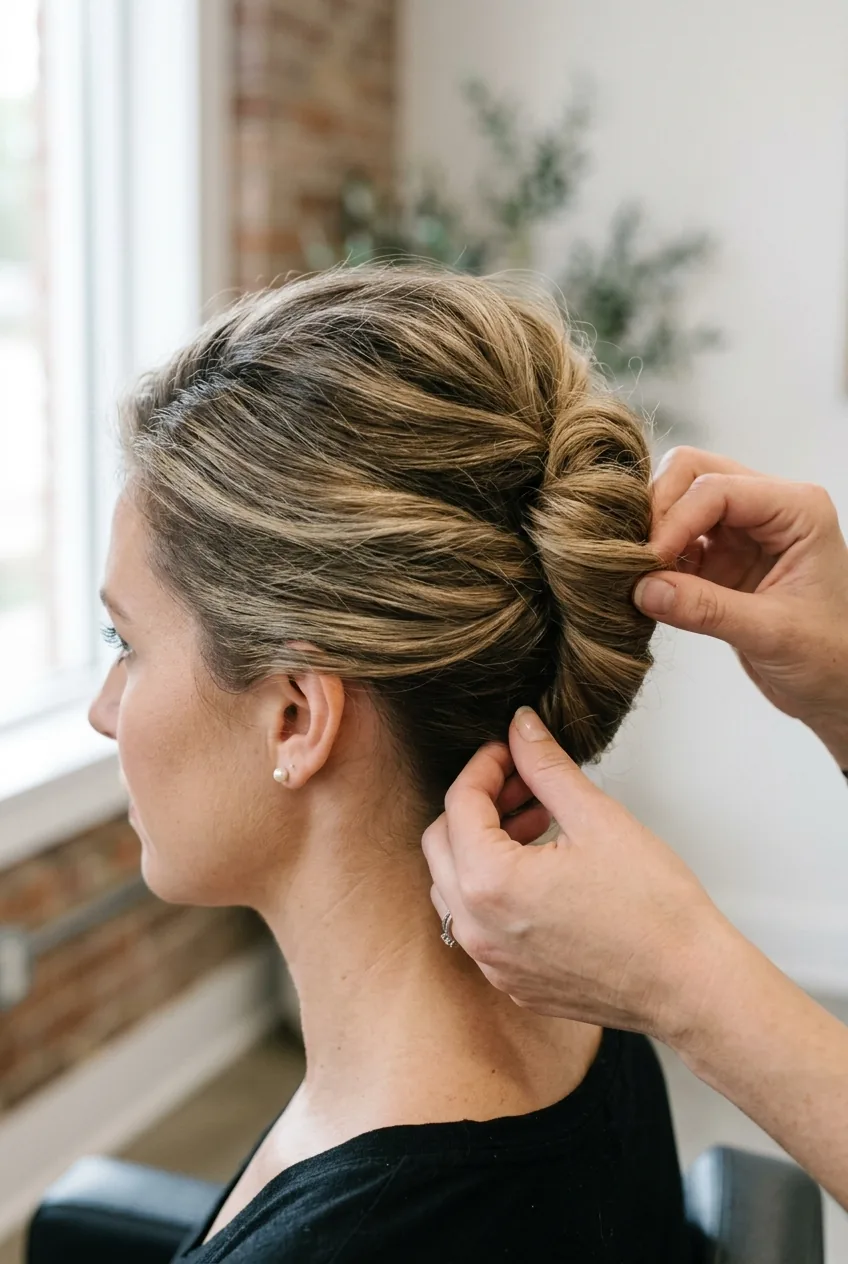 Side view of hands forming central French twist showing direction and folding technique for elegant updo
