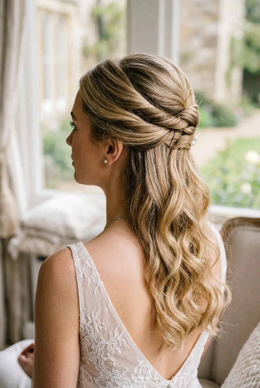 French twist half-up hairstyle showing partial twist from crown with flowing hair below gathering point