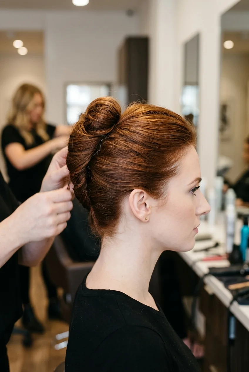 French twist high bun showing upward rolling technique in side profile view