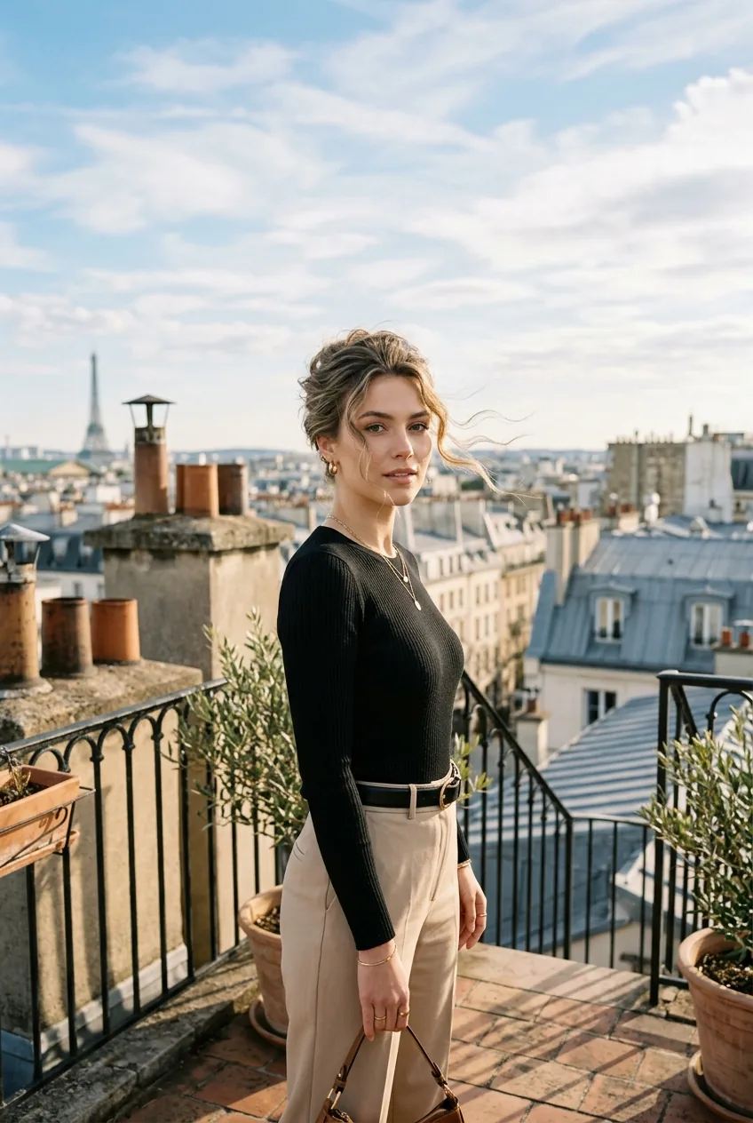 Woman with contemporary French twist updo in golden light on rooftop
