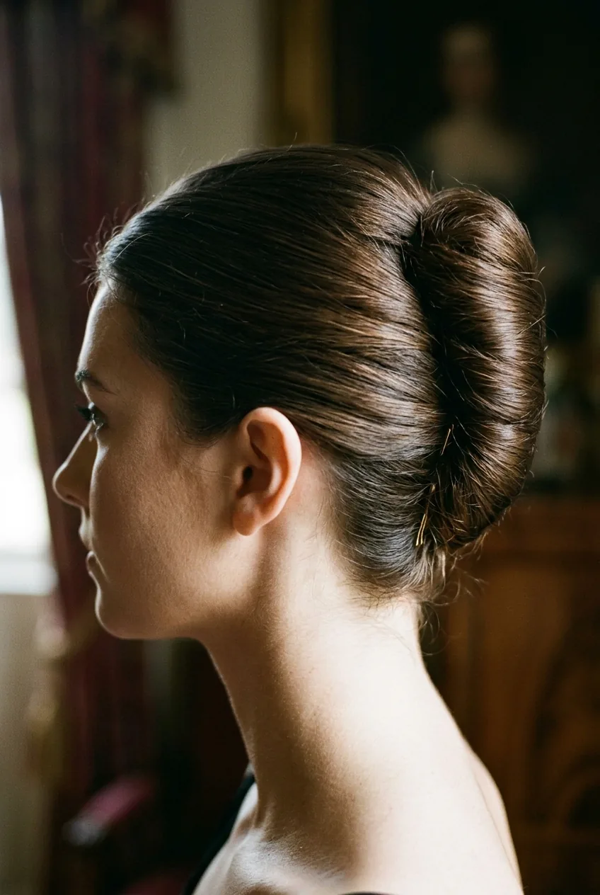 Classic French twist profile view showing rolled hair technique and sleek finish