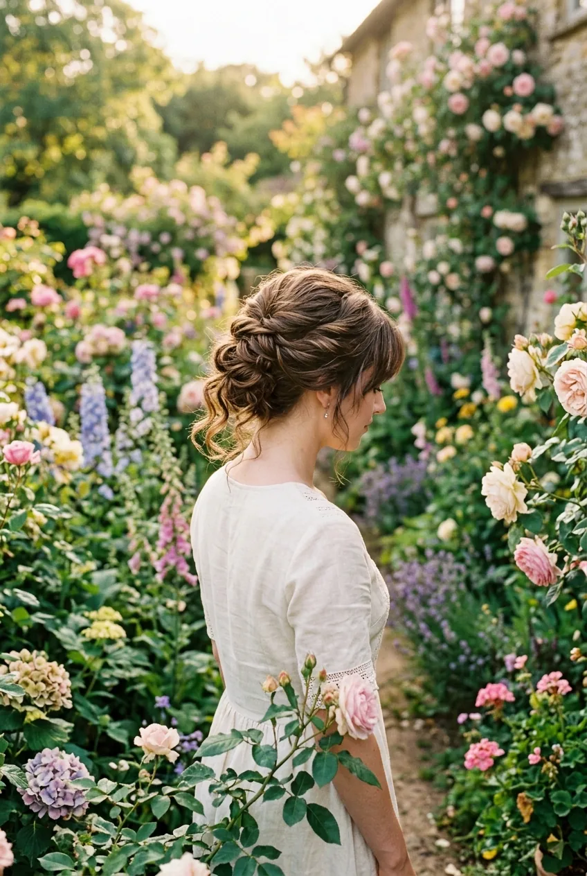 Woman displaying French twist with deliberately textured messy ends in blooming flower garden