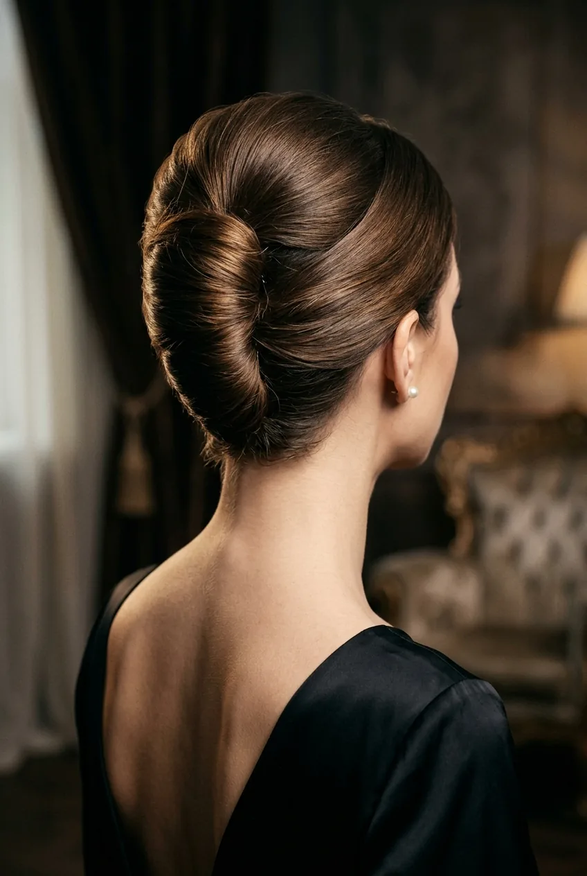 Back view of classic French twist showing vertical roll technique and pin placement