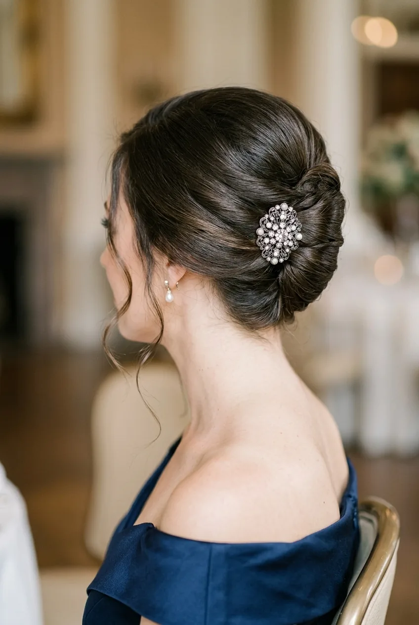 Medium-length hair in classic French twist secured with vintage-style brooch