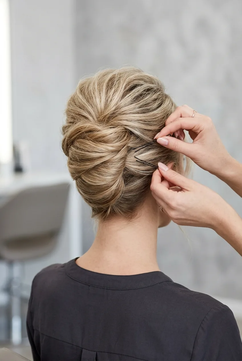 Back view of French twist hairstyle with added volume at crown on fine hair