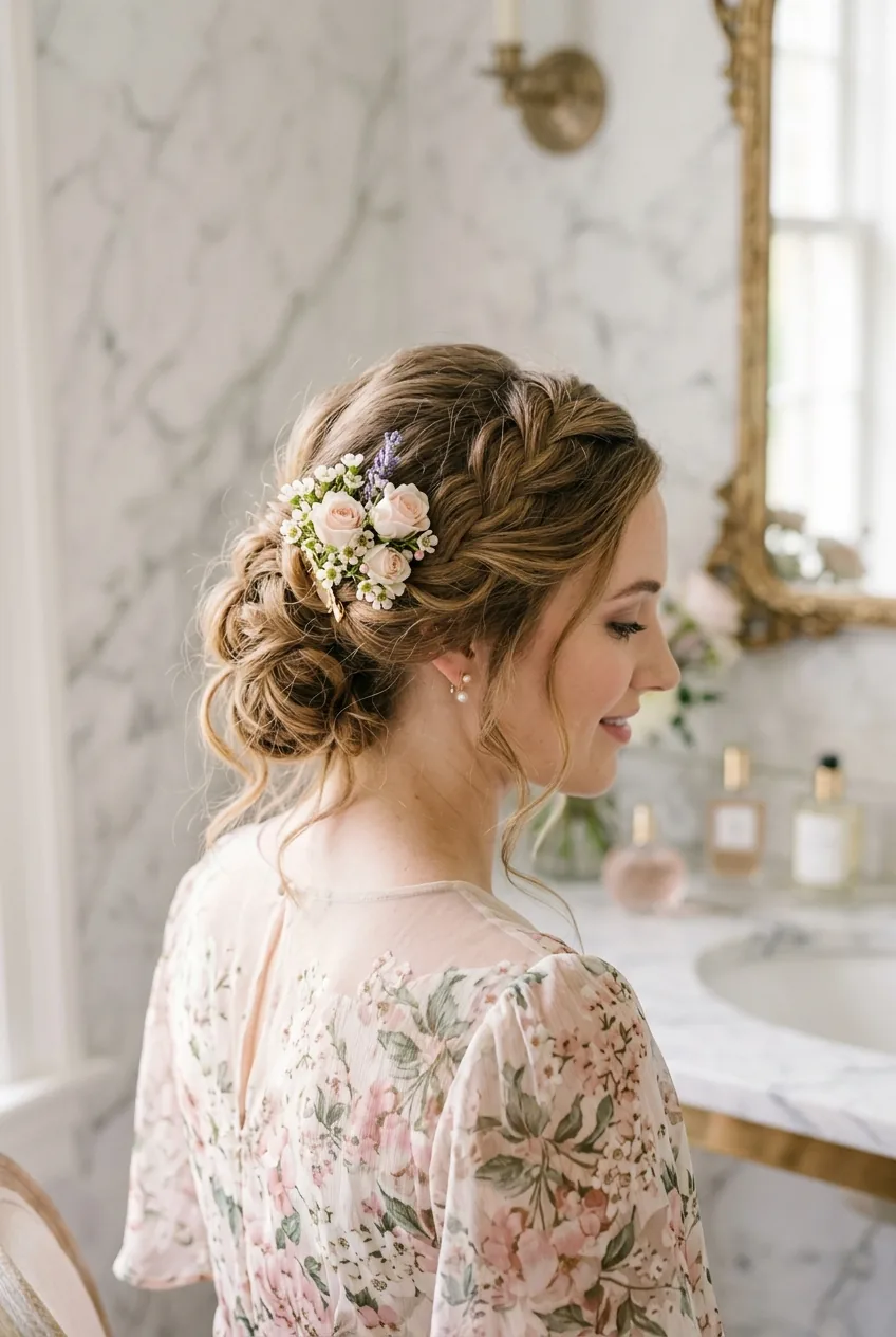 Woman with small fresh flower clip in romantic updo showing garden party wedding guest look