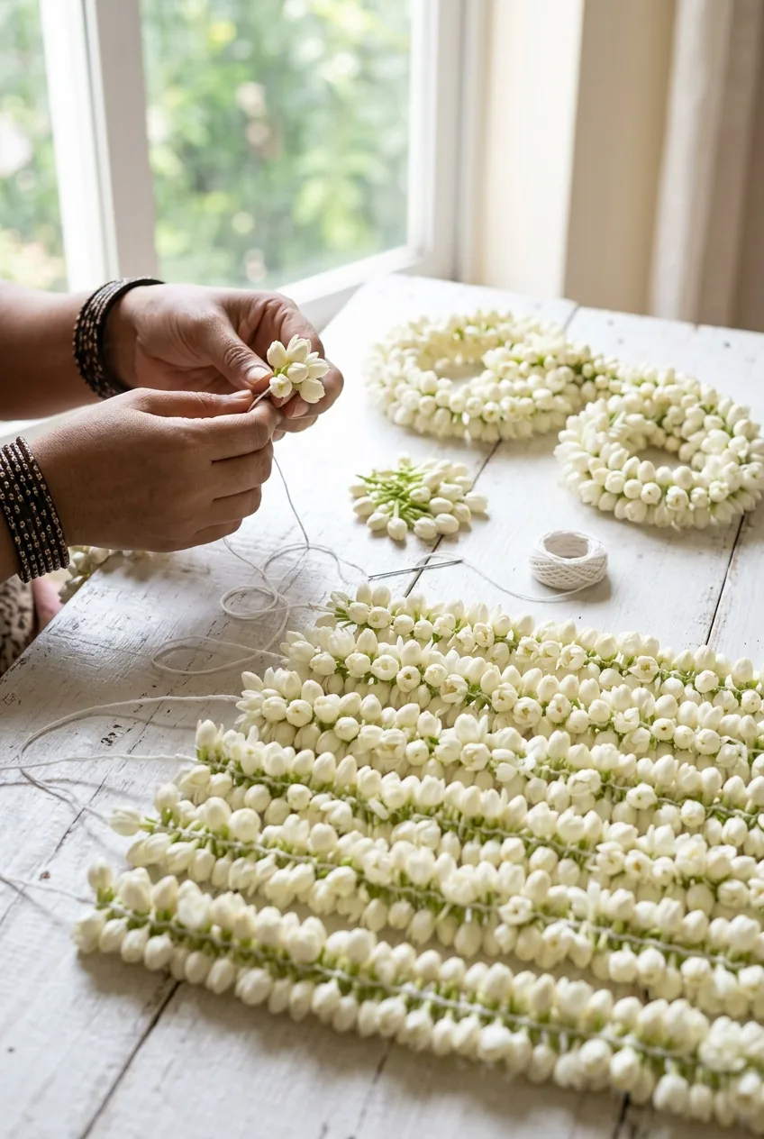 Fresh white jasmine flower garlands arranged in perfect chains during morning preparation