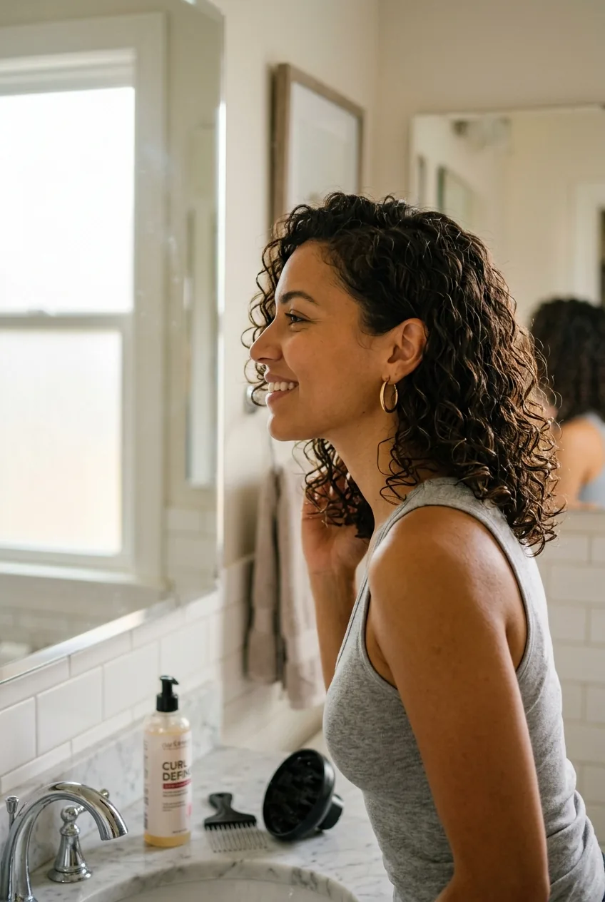 Profile view of woman with freshly diffused curly lob showing natural bounce and definition