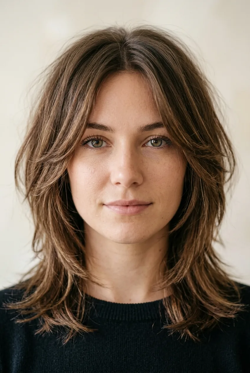 Front view of woman with medium layered haircut demonstrating face-framing layer placement