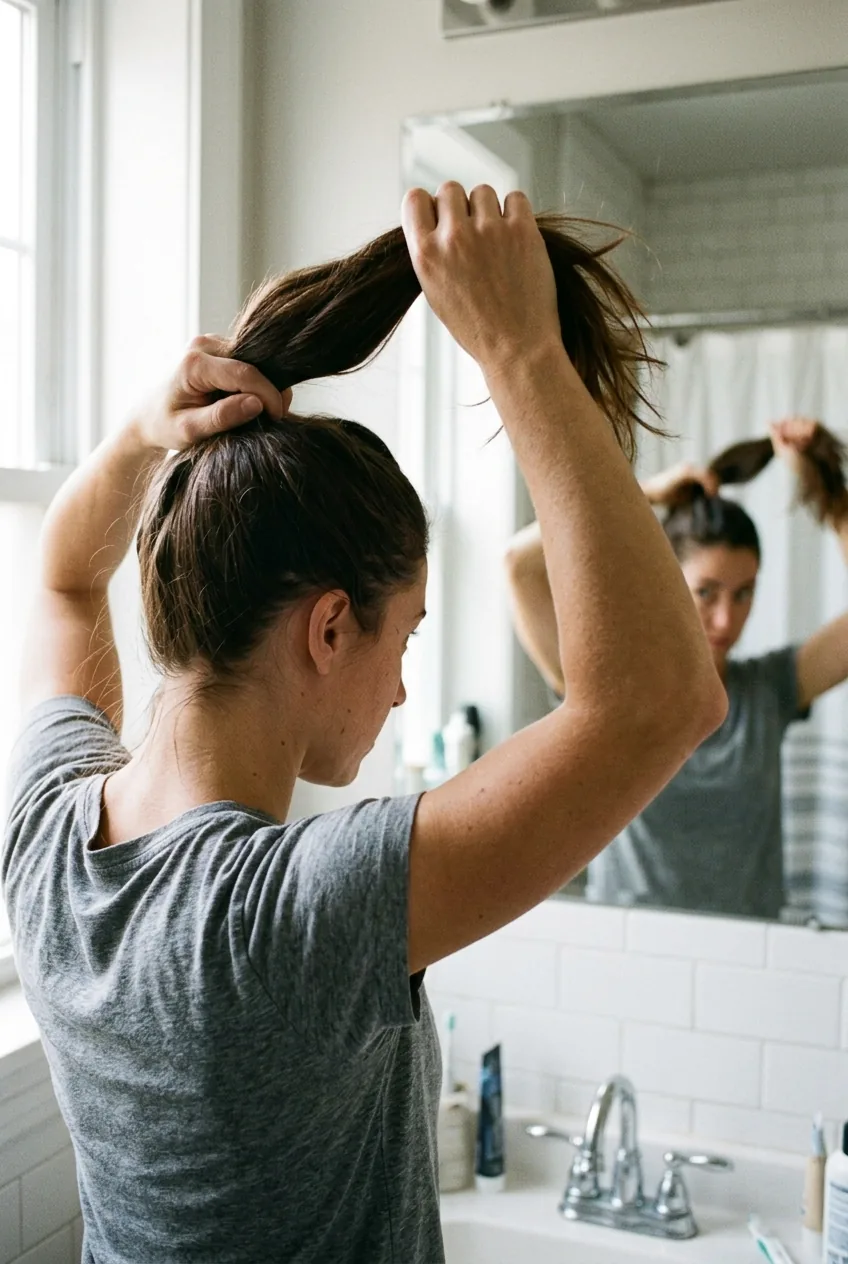 Hands positioning long hair into high ponytail showing arm angle and gathering technique in mirror