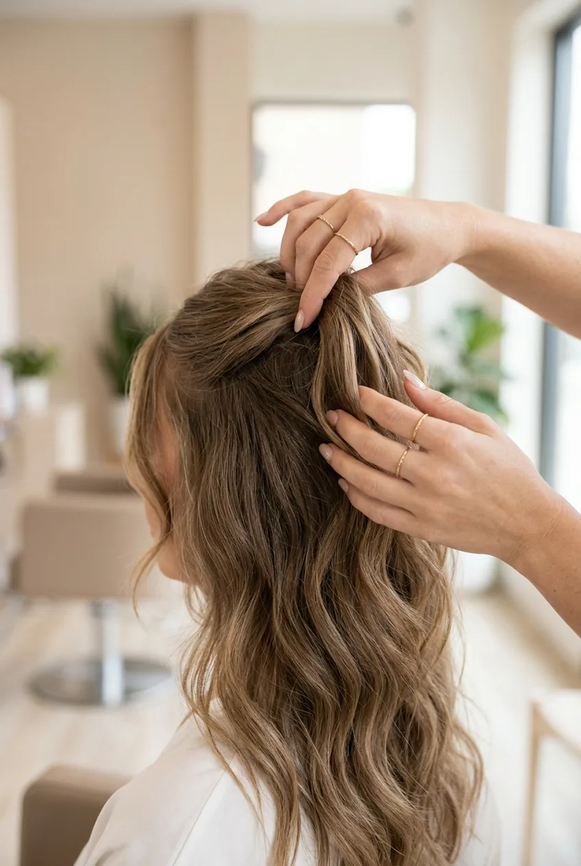 Hands gathering hair into half up section showing proper lifting and volume technique