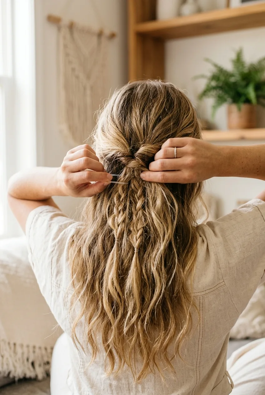 Hair being gathered at mid-head level with hands securing loose braids using elastic