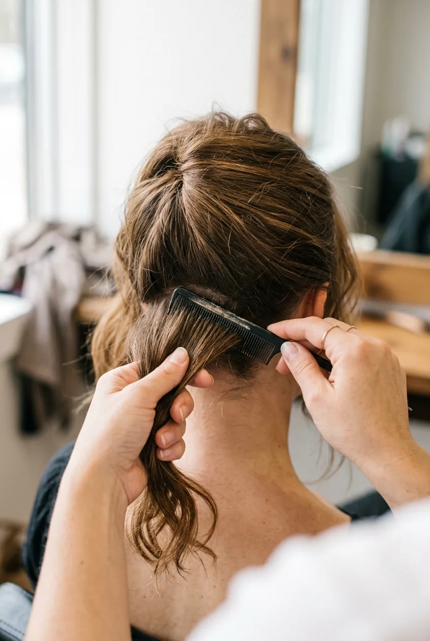 Close-up demonstration of gentle backcombing technique at hair roots using fine-tooth comb