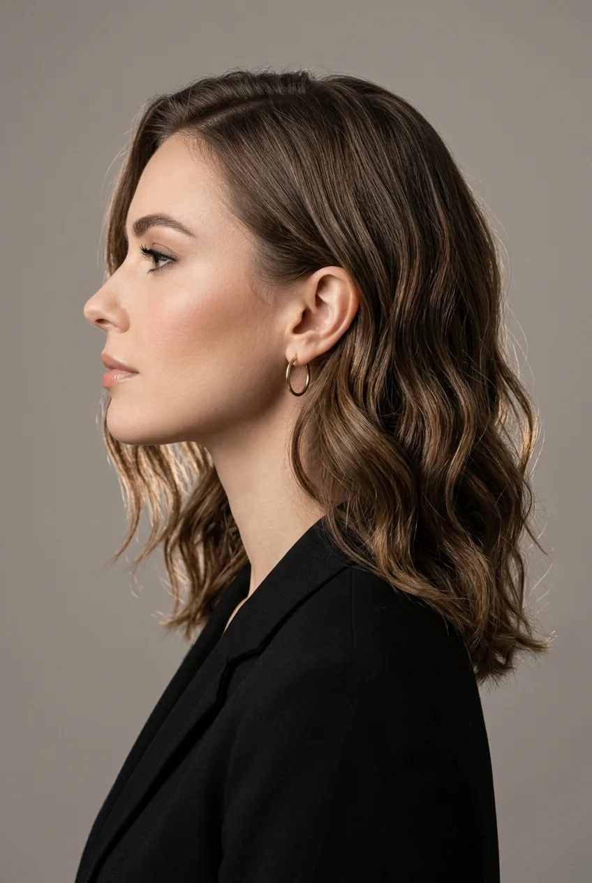 Woman with gentle graduate wavy lob transitioning from longer back to lob length