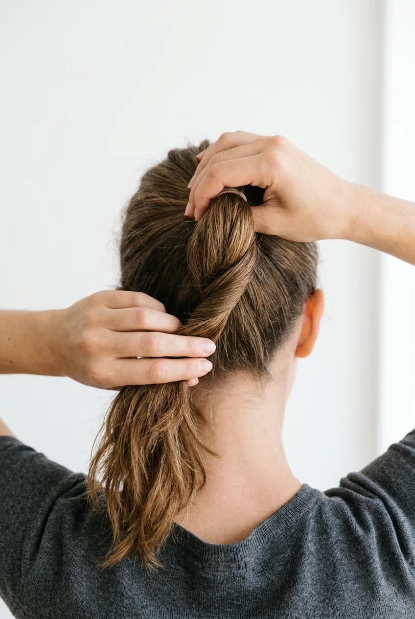 Hands creating gentle twist in ponytail before wrapping into bun shape