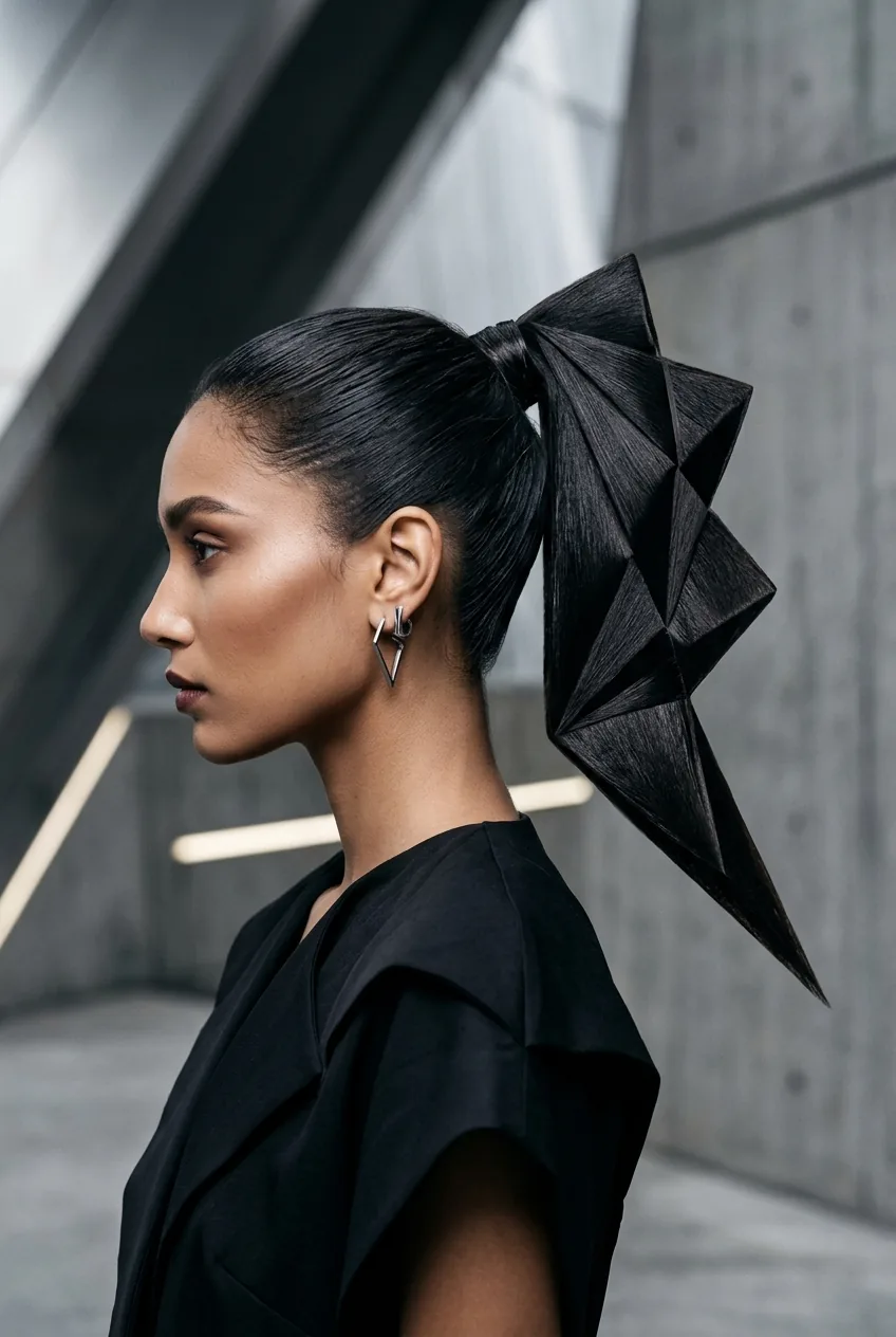 Geometric angular ponytail with sharp lines and mathematical precision in avant-garde styling