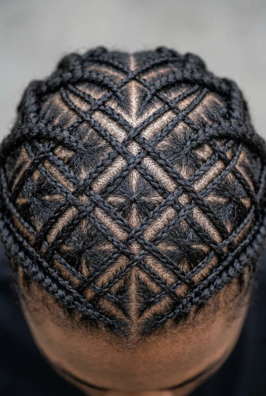 Intricate geometric diamond pattern cornrows on thick dense natural hair from top view