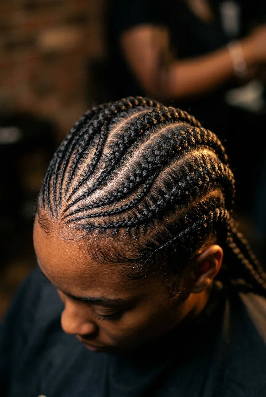 Ghana braids with feed-in technique starting thin and gradually thickening
